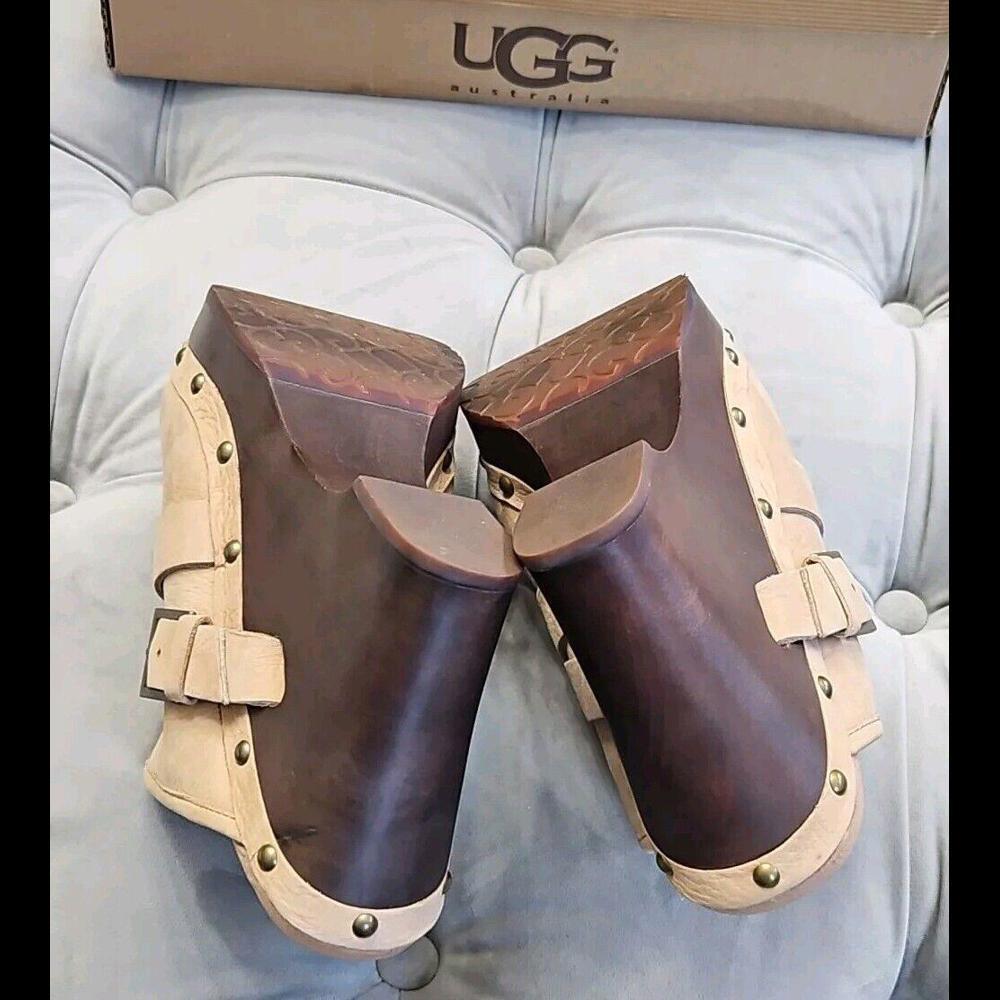 UGG Natalee Beige Leather Buckle Slip On Studded Platform Mules Womens Shoes 11 - Picture 10 of 15